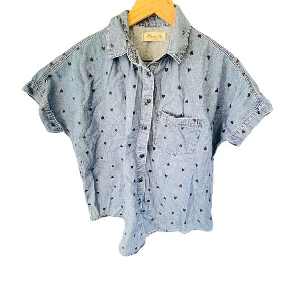 Madewell Short Sleeve Heart Detailed Tie Front Jean Top Shirt Size XXS - Picture 3 of 5